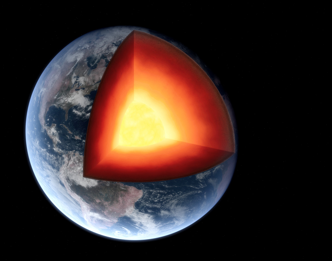 A colour illustration of the Earth sliced open to show the hot core.