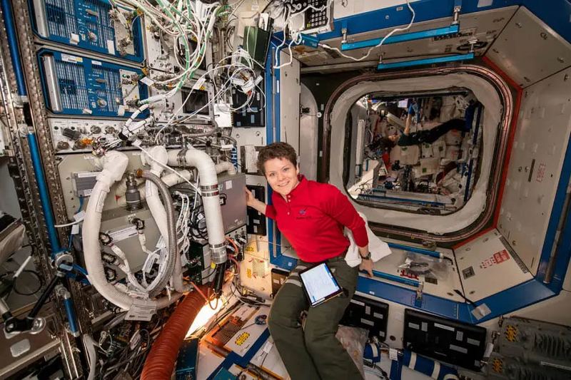 Shown is a colour photograph of astronaut Anne McClain installing the Thermal Amine Scrubber on the ISS